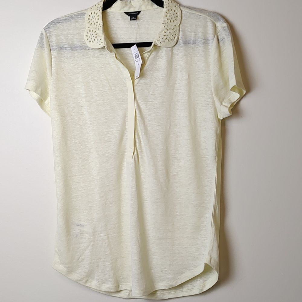 Ann Taylor Peter Pan Lace Collar Linen Top Semi Sheer Light Yellow Size M NWT